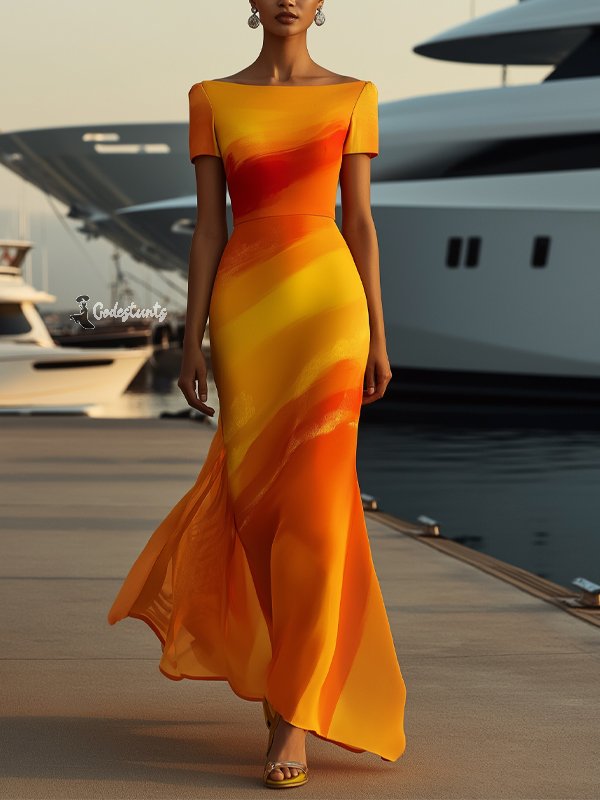 Yellow Crew Neck Short Sleeves Maxi Dress
