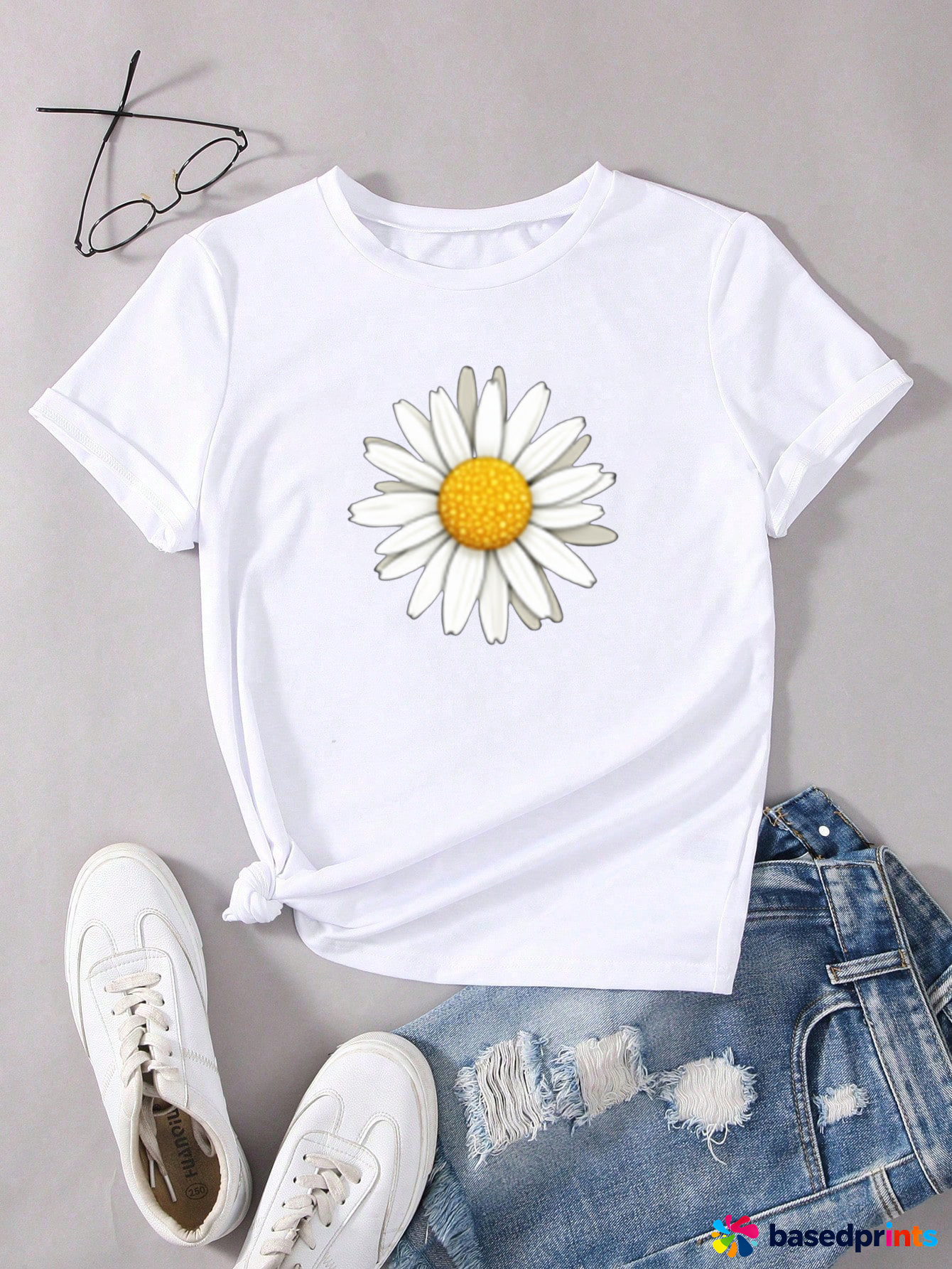 White Daisy Printed T-Shirt Women Summer Casual Short Sleeve Tee Tops