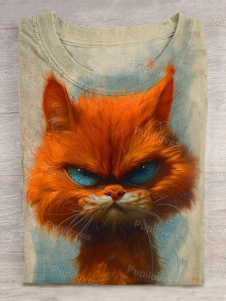 Pupiloves Pupiloves  Cute Cat Art Print Short Sleeve Casual T-shirt