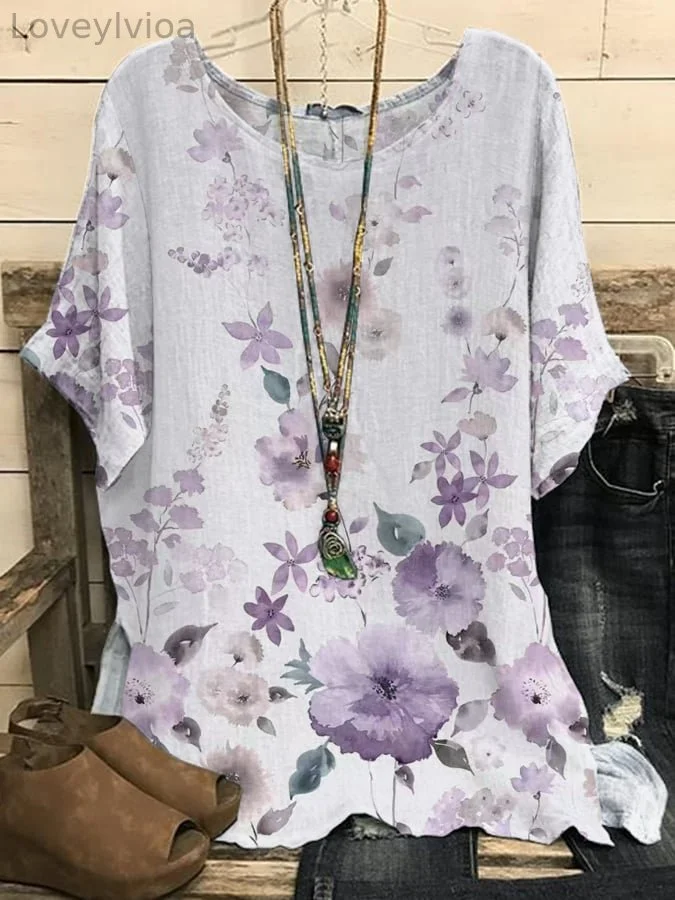 Women's Purple Floral Slit Top