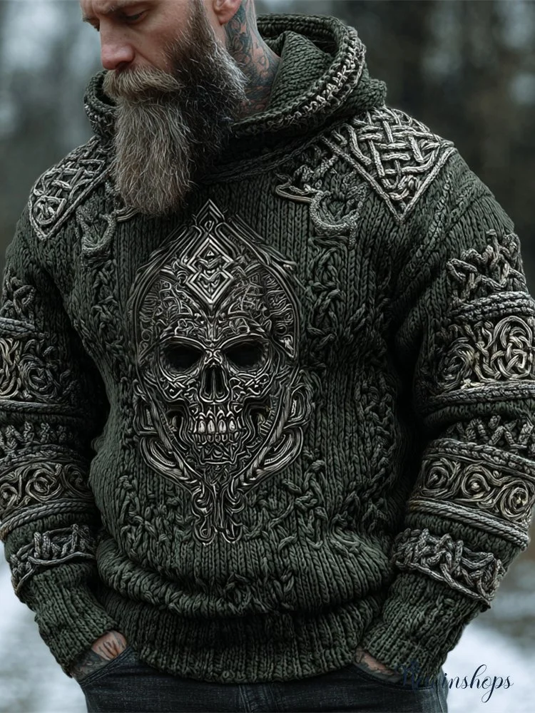 Viking Skull Celtic Knot Men's Chunky Knit Hooded Sweater