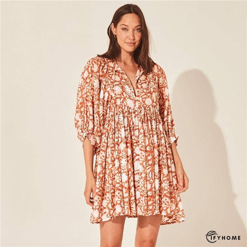 Half Sleeves V-Neck Floral Printed Casual Loose Mini Dress | IFYHOME