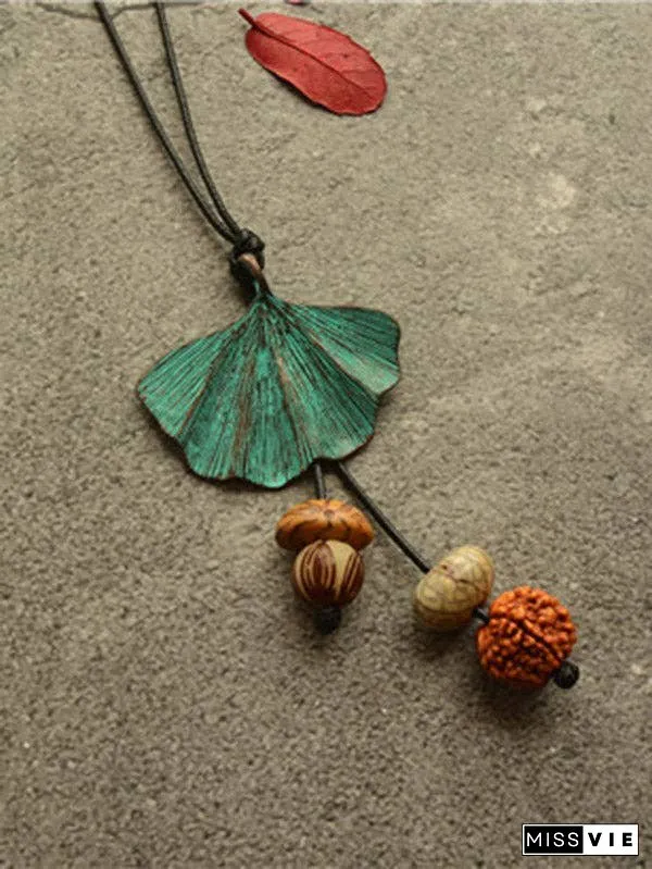 Vintage Wooden Beaded Leaf Shape Necklaces Accessories
