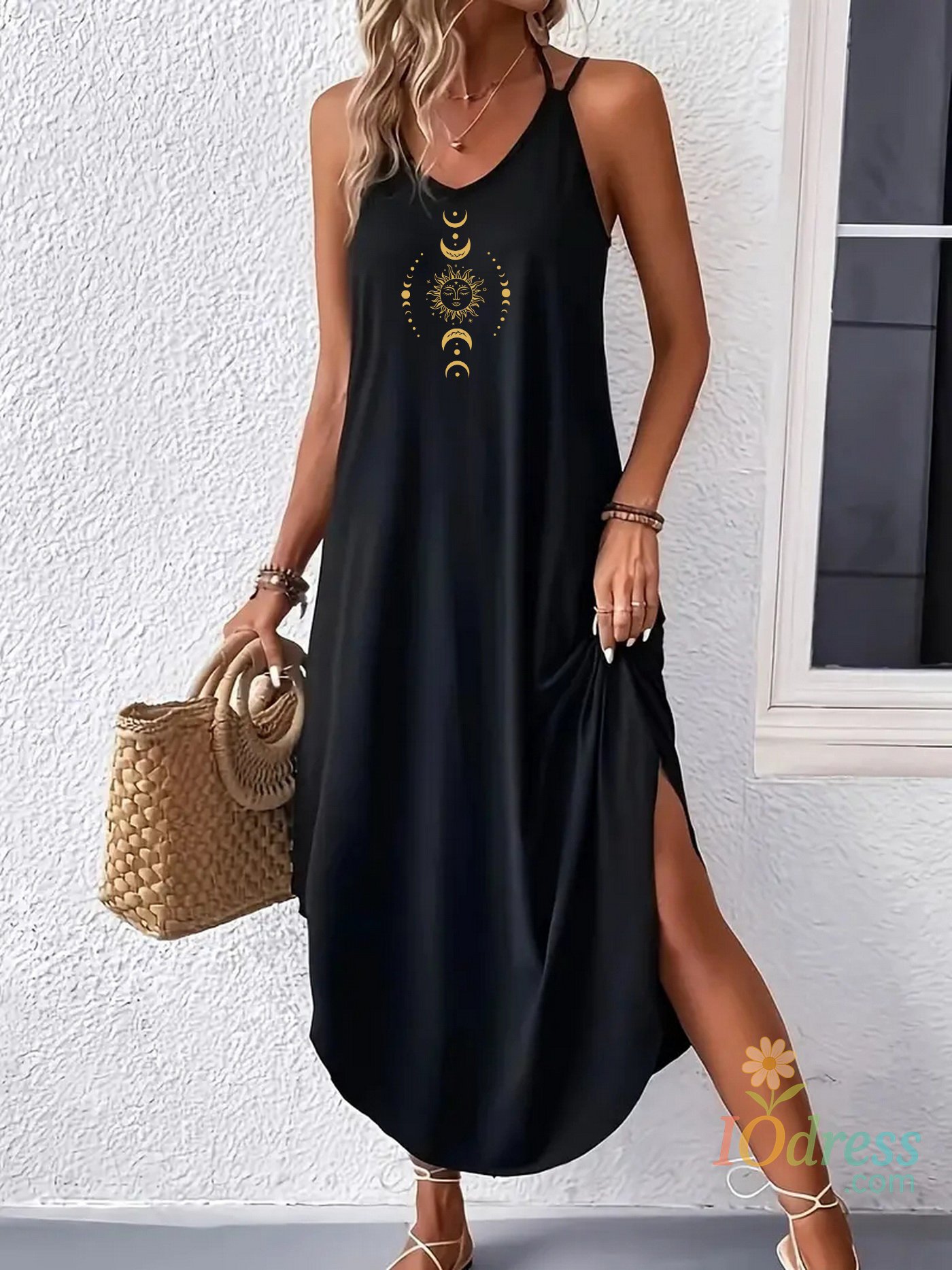 IO Dress The Sun, the Moon and the stars Curvy Hem Cami Dress, Sexy Sleeveless Spaghetti Strap Loose Maxi Dress, Women's Clothing