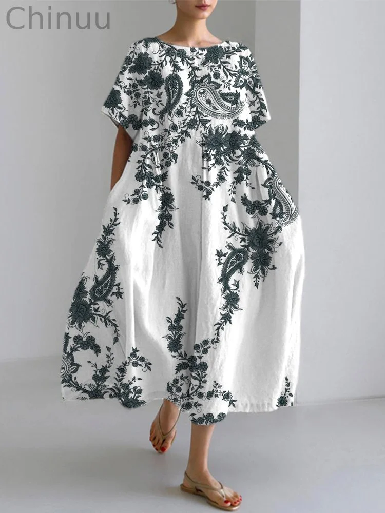 Ethnic Floral Pattern Women's Linen Maxi Dress