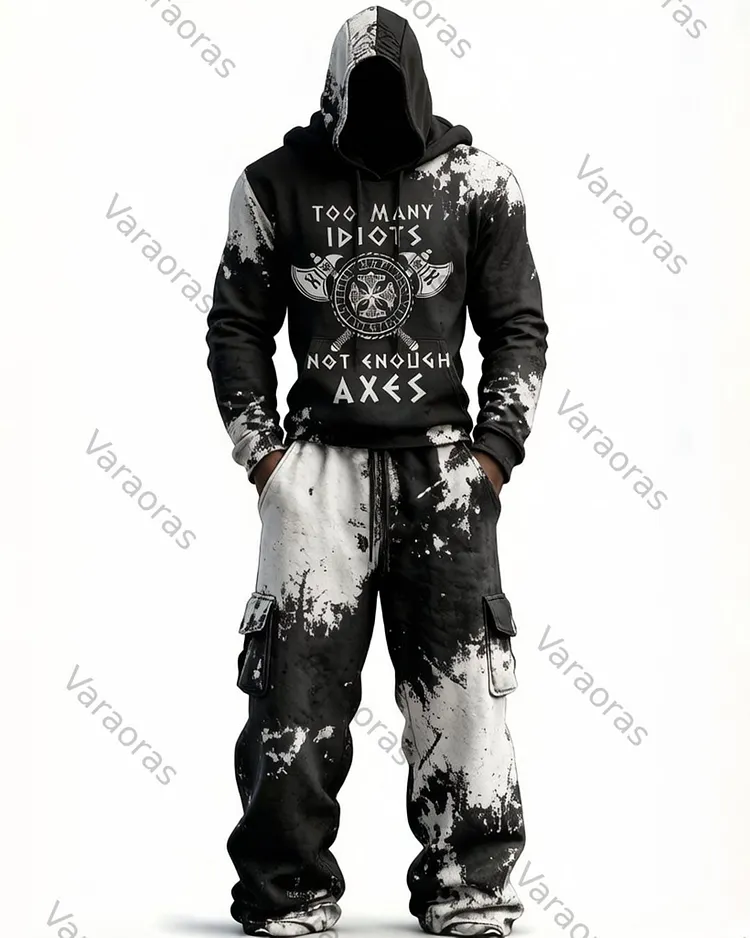 Men's Fashion Viking Contrast Color Embroidered Hoodie & Pants Two-Piece Set 7314