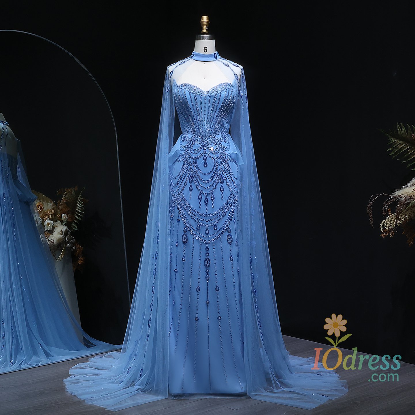 IO Dress Sharon Said Elegant Blue Evening Dress With Cape Sleeve High Neck Luxury Beaded Party Prom Dresses For Women SS092 Customized