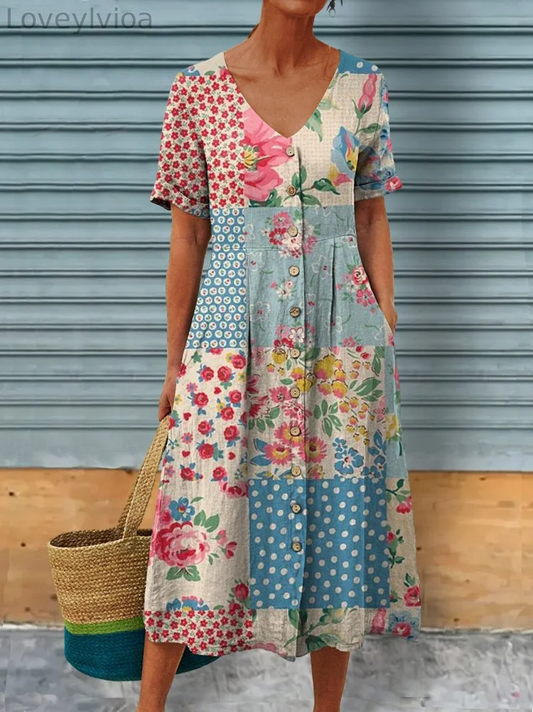 Women's Retro Floral Art Pattern Print Casual Linen Pocket Tunic Dress