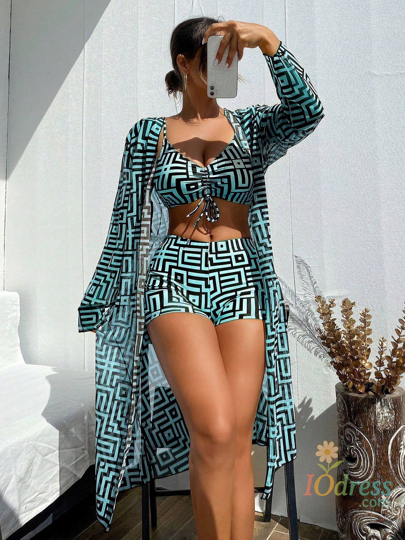 IO Dress Print Swimsuits Tankini Set with Long Cover Ups Female Swimwear Sports Beach Wear 3 Piece Bathing Suit Women Swimming Bikinis