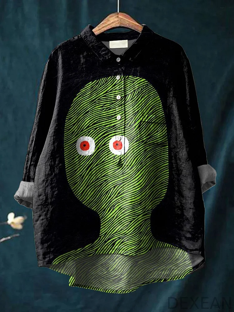 Vintage Funny Abstract Zombie Art Print Casual Cotton And Linen Shirt