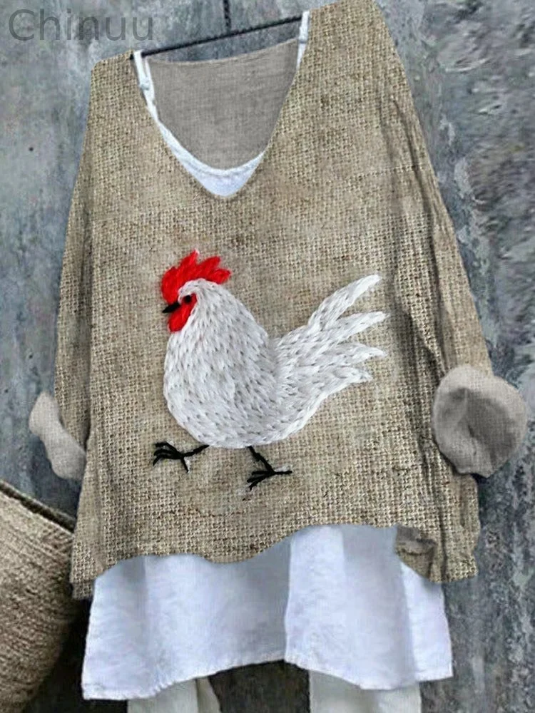 Farm Chicken Animal Embroidered Linen V-Neck T-Shirt