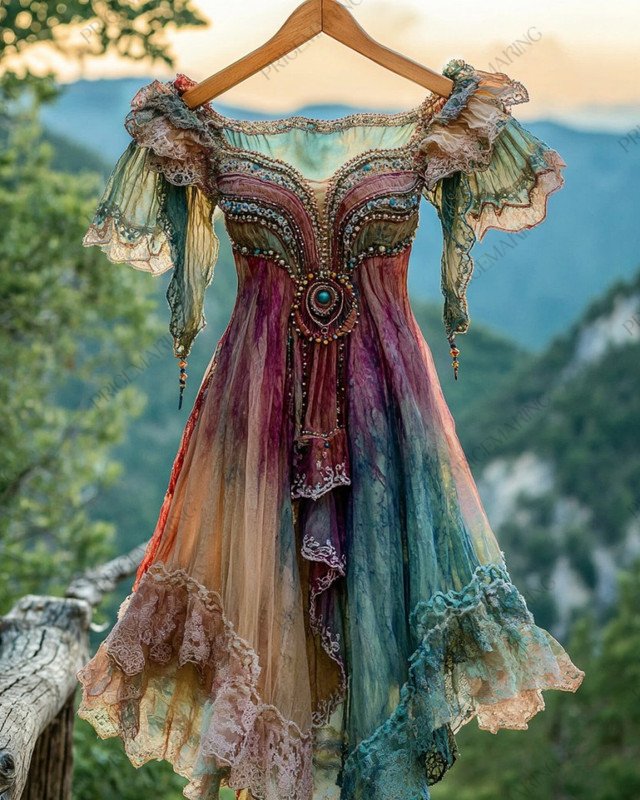 Summer Vacation Ruffle Lace Contrast Color Dress aba5