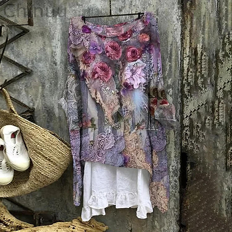 Women's Vitange Making Old Flowers Round Neck Shirt