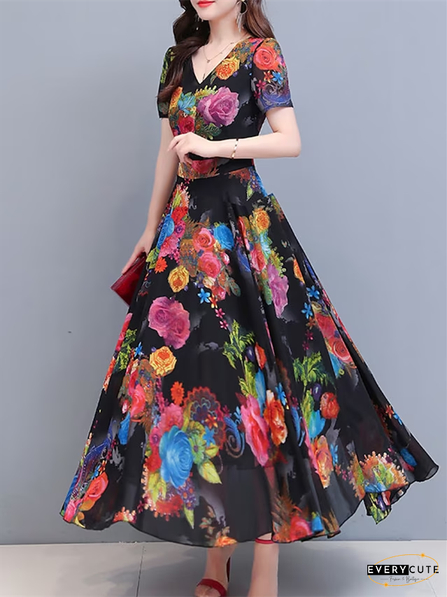 Women's Long Dress Maxi Dress Casual Dress Print Dress Floral Casual Daily Vacation Weekend Ruched Print Short Sleeve V Neck Dress Regular Fit Black Red Blue Spring Summer M L XL XXL 3XL