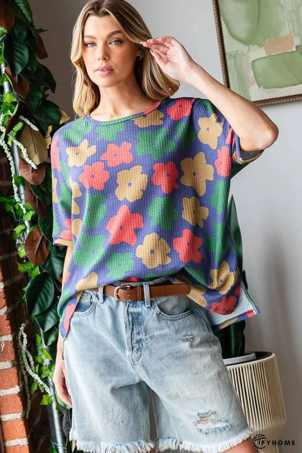 HOPELY Full Size Floral Round Neck Side Slit T-Shirt | IFYHOME