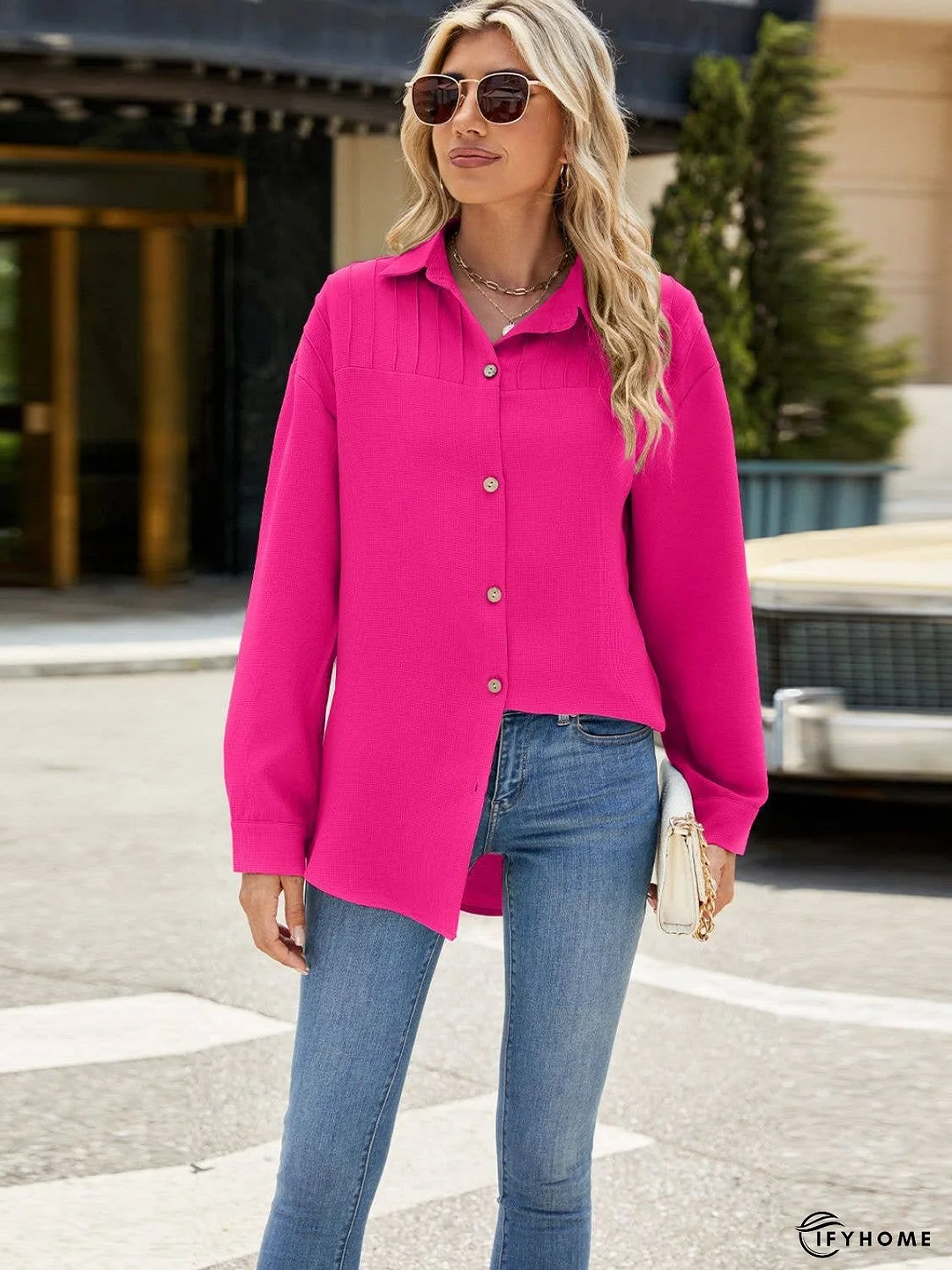 Collared Neck Long Sleeve Shirt | IFYHOME