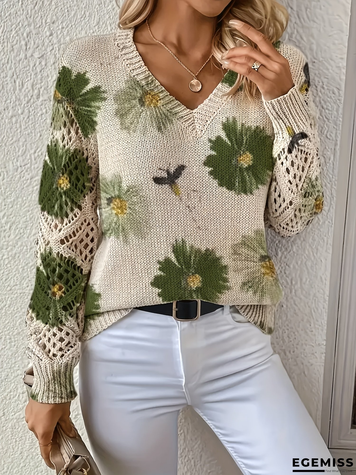 Women&lsquo;s Bohemian Floral V-Neck Sweater - Beige Cardigan with Green & Black Flowers, Long Sleeves, Openwork Design for Spring/Summer/Fall - Versatile for Office, Casual, Party Wear, Casual Wear Sweater | Bohemian Style | Construction, Ladies Sweaters | EGEMISS