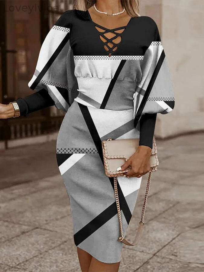 Women's Fashionable Elegant Geometric V-Neck Dress ​