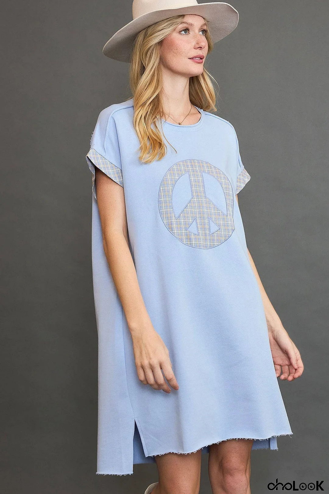 Umgee Peace Plaid Applique Short Sleeve Mini Dress