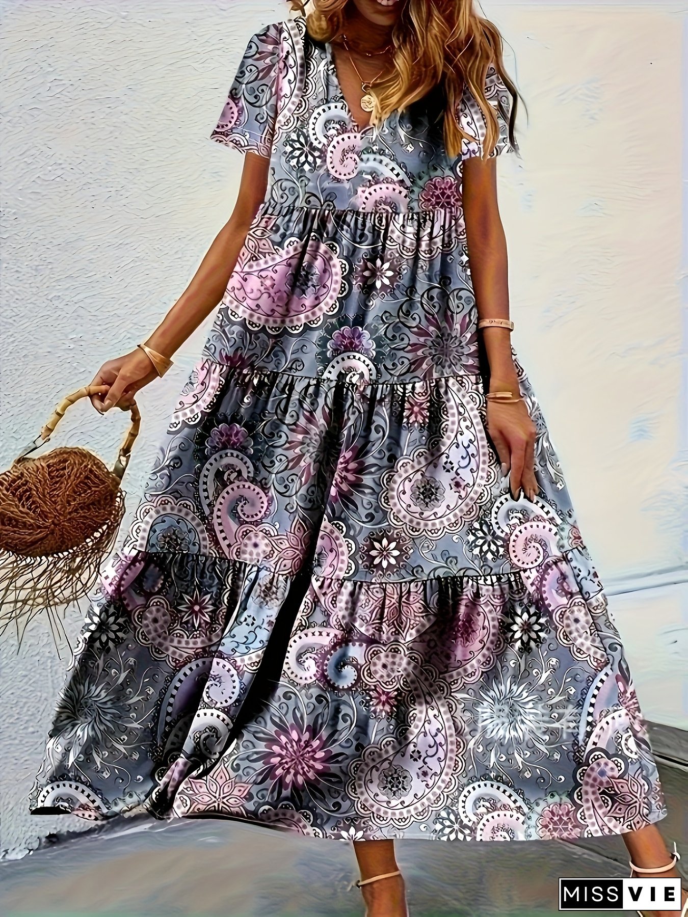 Lightweight Polyester Womens Bohemian Print V-Neck Dress Tiered Ruffle Hem Short Sleeve