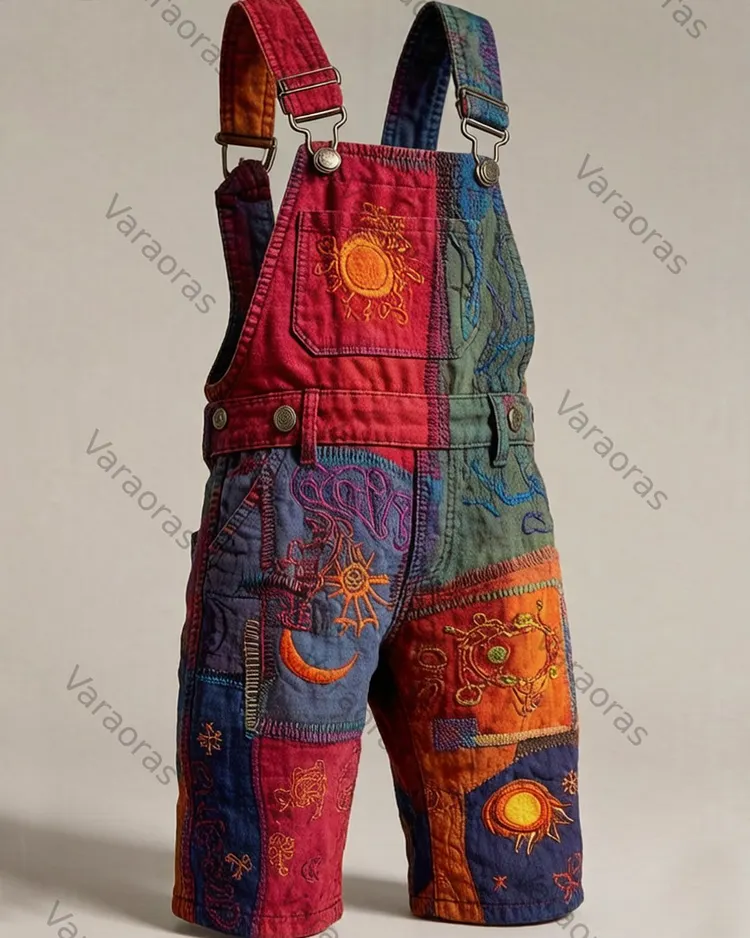 Men's Summer Outdoor Fashion Star Embroidery Color Block Patchwork Overalls Shorts  7646