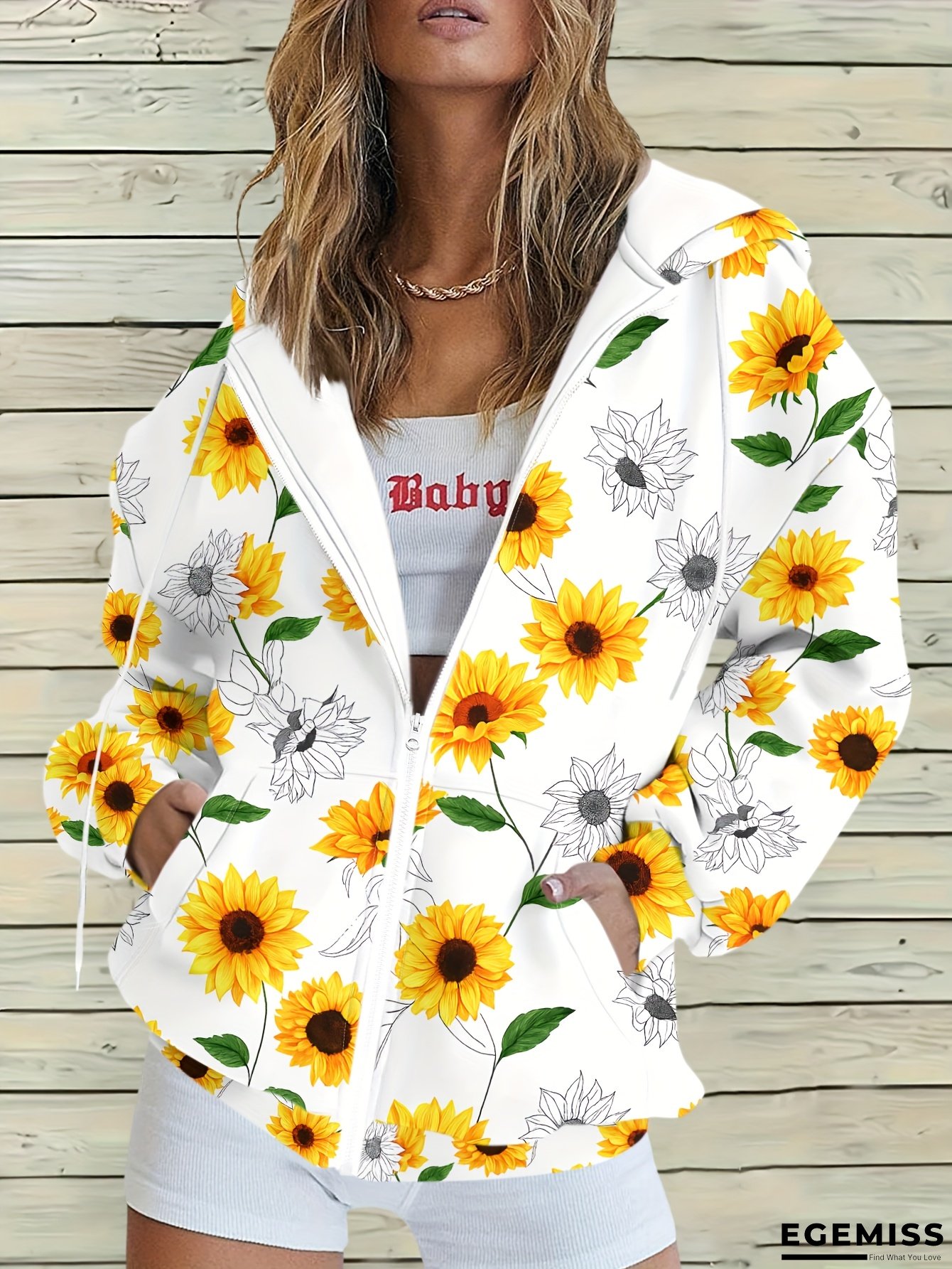 Women&lsquo;s Floral Print Hooded Zip-Up Jacket - White with Yellow & Black Sunflowers, Drawstring, Casual Style, Perfect for Fall/Winter, Autumn Winter Jacket | Floral Print Jacket | Zippered Jacket | EGEMISS