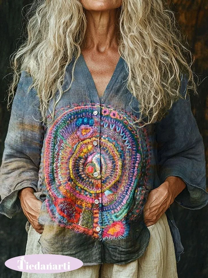 Women's Vintage Embroidery Floral Totem Print Linen And Cotton V-neck Casual Shirt