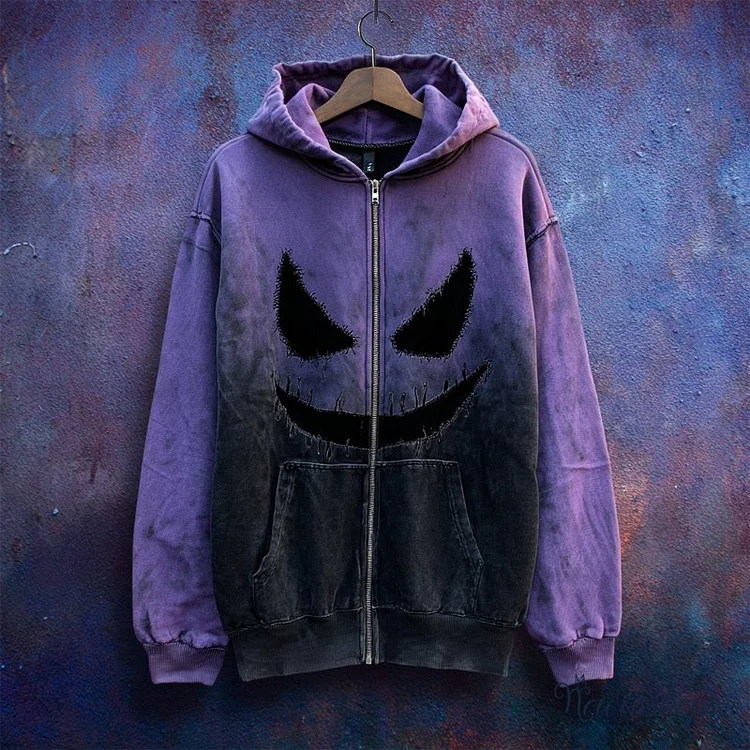 Vintage Halloween Spooky Face Gradient Zip Up Washed Hoodie
