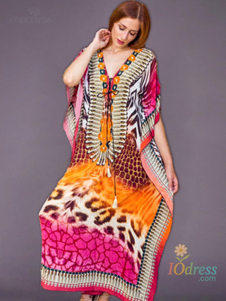 IO Dress 2025 Quick-drying Bohemian Printed Loose Summer Beach Dress Moroccan Kaftan Women Plus Size Beachwear Tassel Midi Dress Q897 IO Dress Store