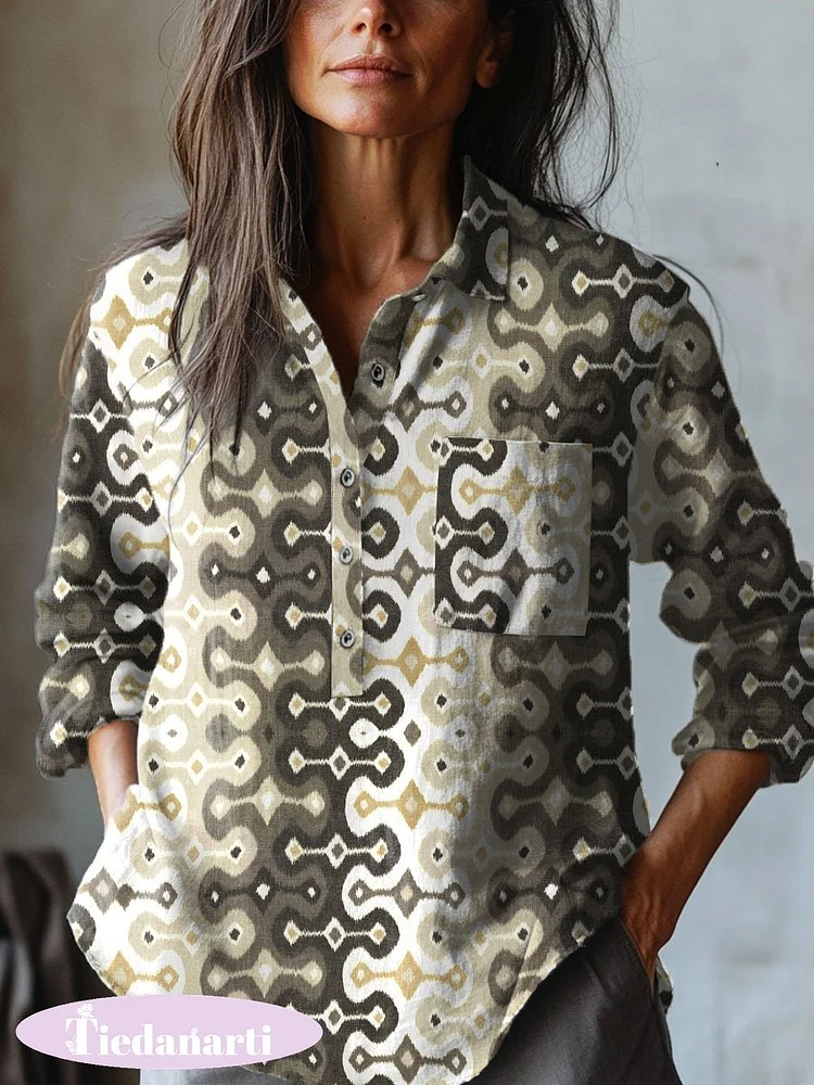 Women's Floral Art  Print Casual Cotton And Linen Shirt