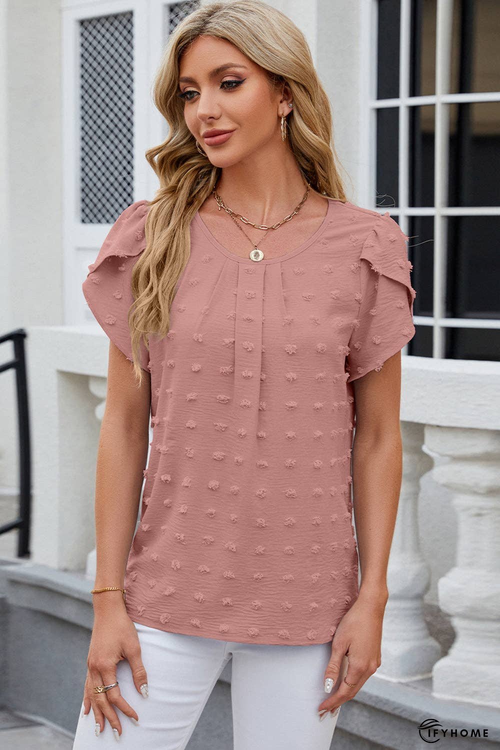 Swiss Dot Round Neck Petal Sleeve Blouse | IFYHOME