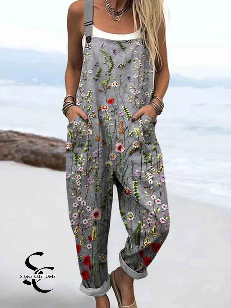 Women's Vintage Lovely Floral Art Print Casual 100% Cotton Wide Leg Jumpsuit