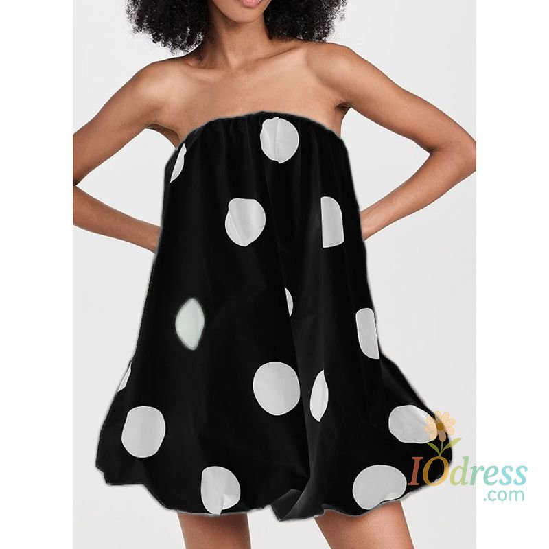 IO Dress Combhasaki Womens Elegant Dot Print Contrast Color Backless Summer Party A-line Loose Fit Strapless Backless Tube Puffball Dress
