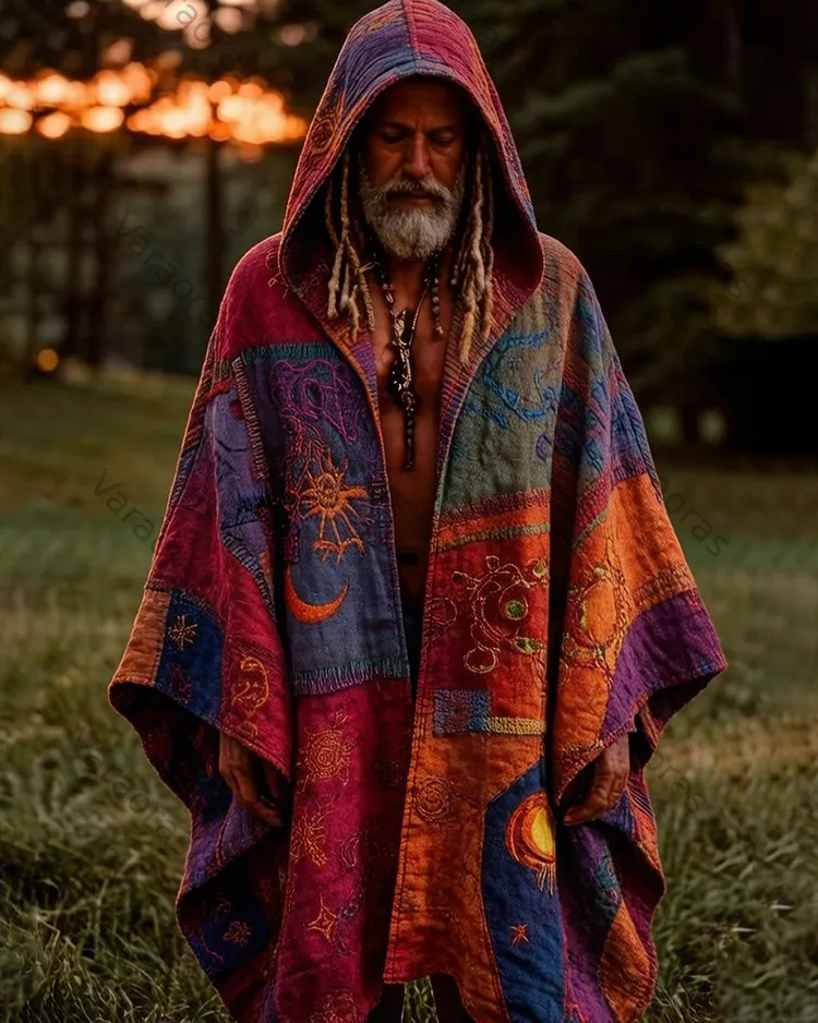 Men's Summer Fashion Hippie Style Star and Moon Embroidered Linen Cardigan Hooded Cape  1904