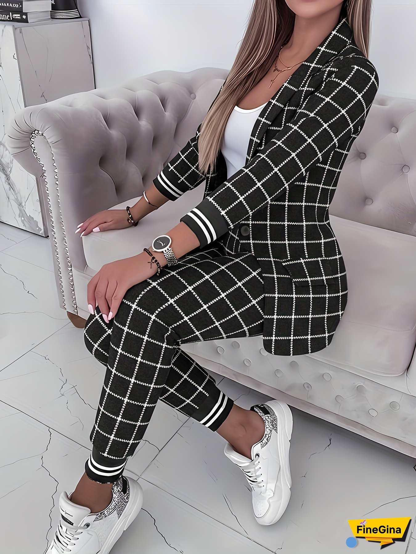 Women‘s Casual Plaid Two-Piece Suit - Long Sleeve Jacket & Pants with Lapel Collar, Button Detail, Black & White Check Pattern, Perfect for Spring/Summer, Casual Attire|Check Pattern Suit|Polyester Fabric