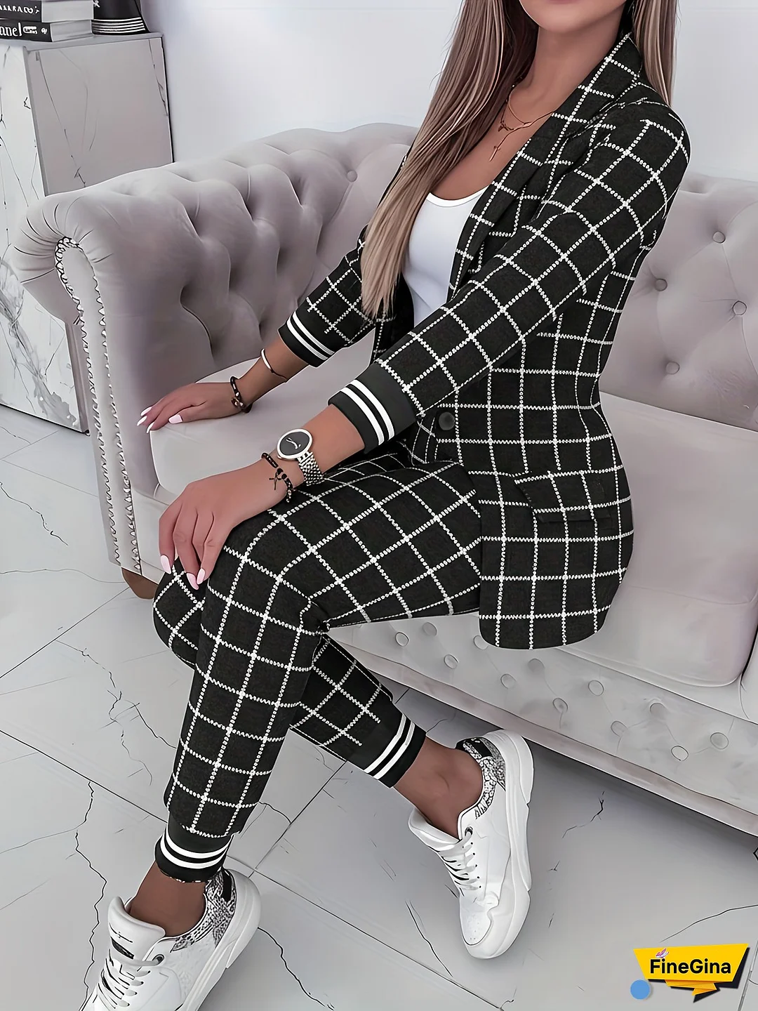 Women‘s Casual Plaid Two-Piece Suit - Long Sleeve Jacket & Pants with Lapel Collar, Button Detail, Black & White Check Pattern, Perfect for Spring/Summer, Casual Attire|Check Pattern Suit|Polyester Fabric
