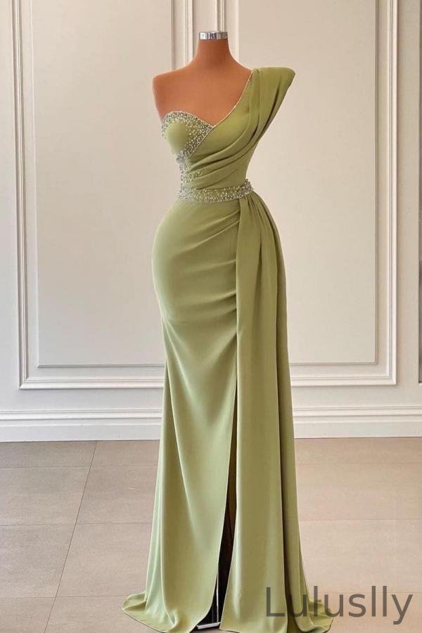 Luluslly One Shoulder Sage Mermaid Evening Dress Long Ruffles With Beads