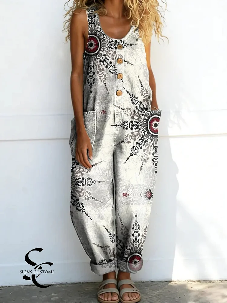 Women's Vintage Pattern Art Print Casual Cotton Denim Jumpsuit