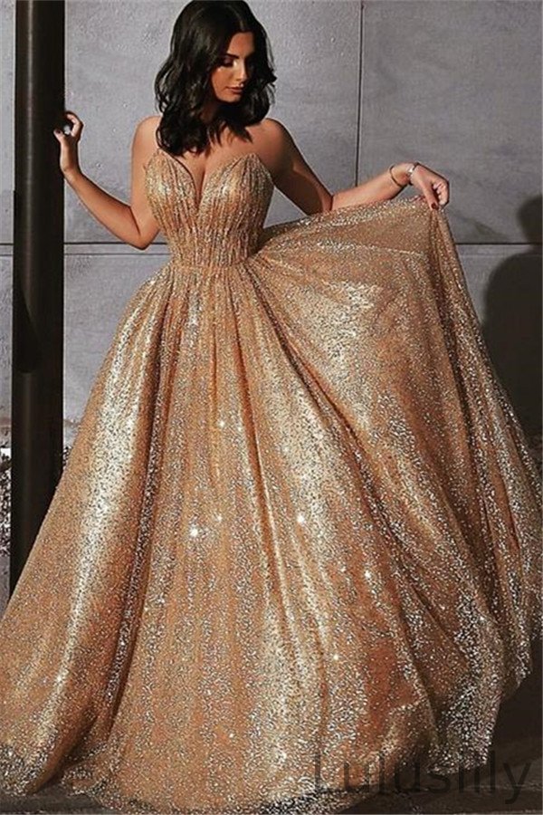 Charming Gold Shinning Sequined Spaghetti-Straps Prom Dress Long Backless - lulusllly
