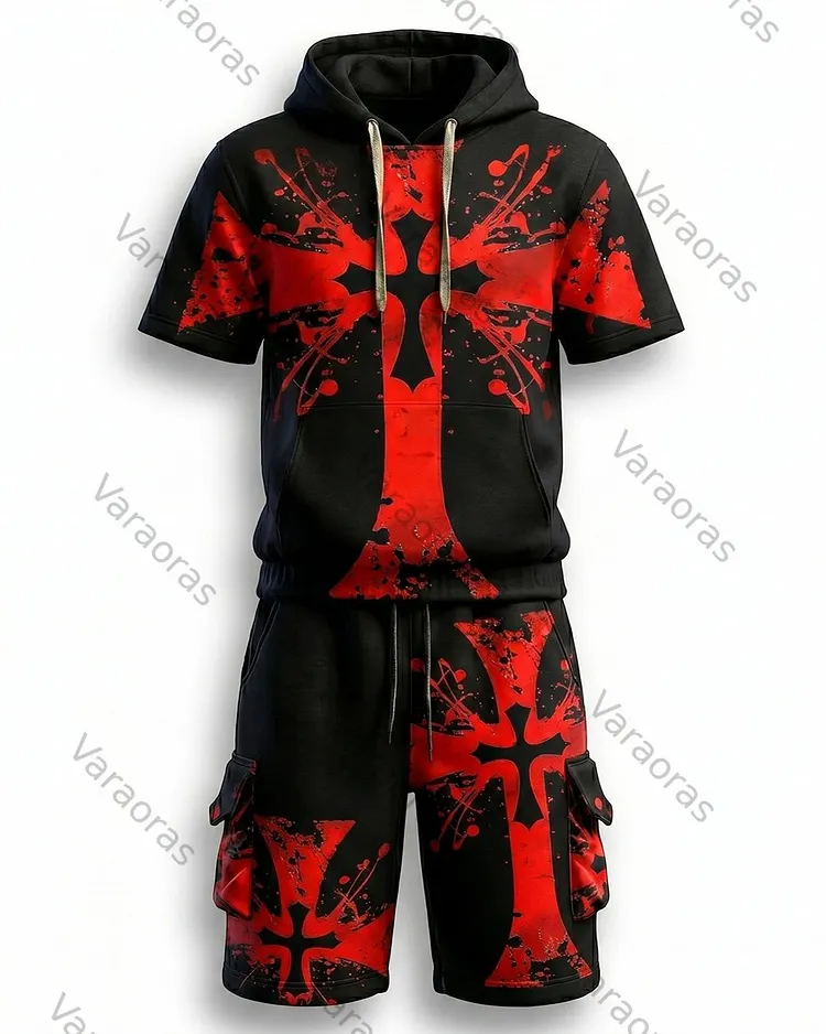 Men's Viking Contrast Color Cross Embroidered Short-Sleeve Hoodie & Shorts Two-Piece Set 2918