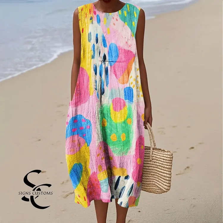 Women's Colorful Abstract Color Block Art Print Sleeveless Cotton Pocket Wrap Dress