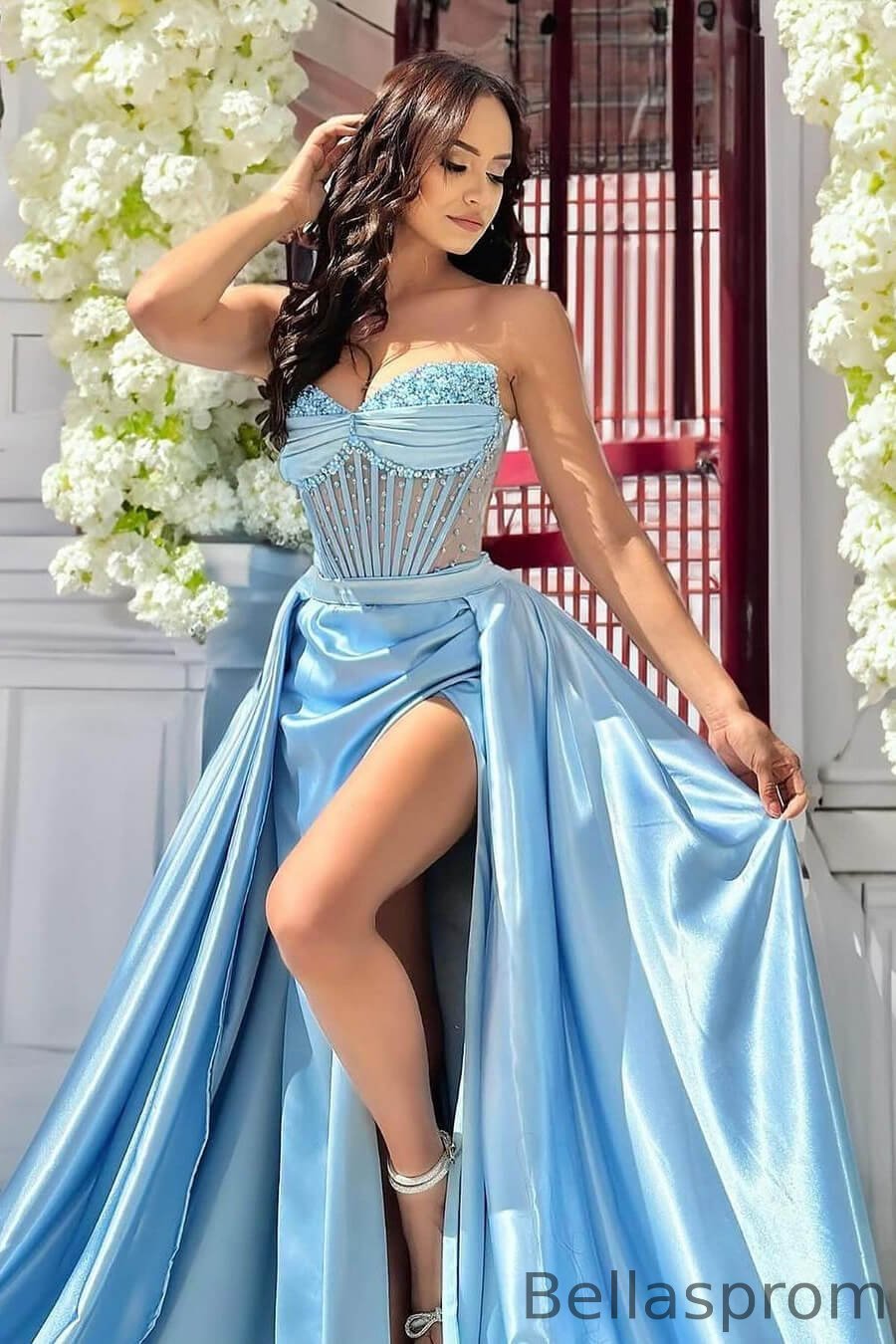 Bellasprom Baby Blue Sweetheart Sleeveless Mermaid Prom Dress With Split Beadings Overskirt Bellasprom