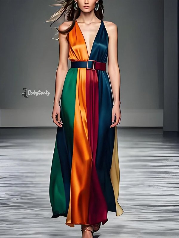Colorblock Silk Sleeveless Suspender Maxi Dress