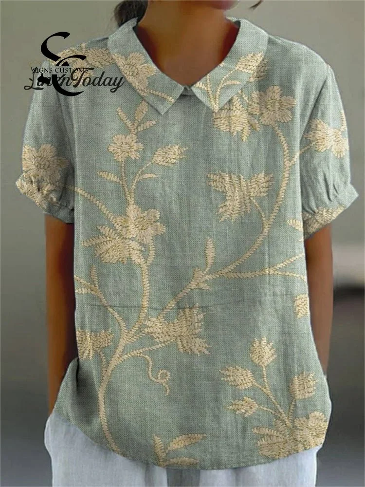 Women's Retro Floral Art Print Casual Cotton And Linen Shirt