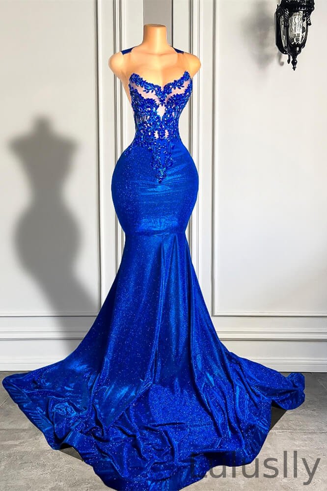 Luluslly Royal Blue Scoop Sleeveless Mermaid Prom Dresses With Beadings Sequins