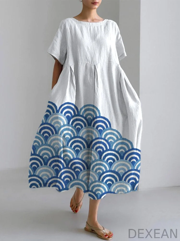 Wave Embroidery Pattern Linen Blend Casual Dress