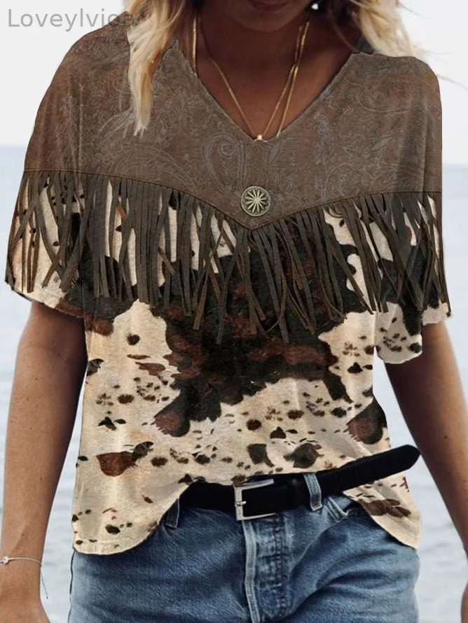 Womens Western Part Vintage Tassel V-Neck T-Shirt