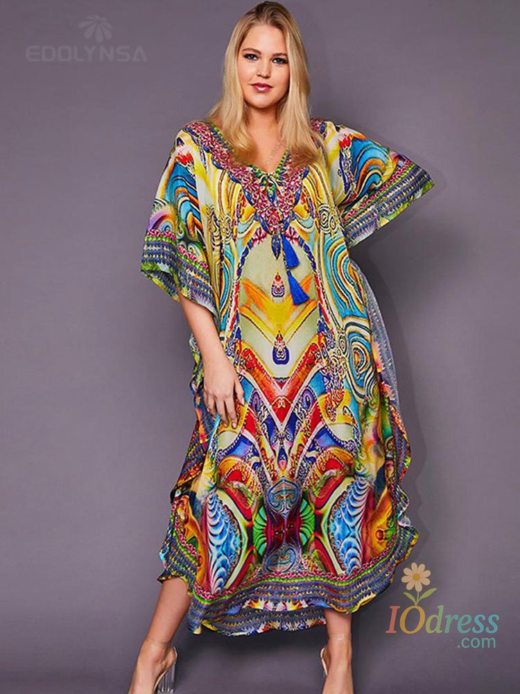 IO Dress 2025 Quick-drying Bohemian Printed Loose Summer Beach Dress Moroccan Kaftan Women Plus Size Beachwear Tassel Midi Dress Q897 IO Dress Store