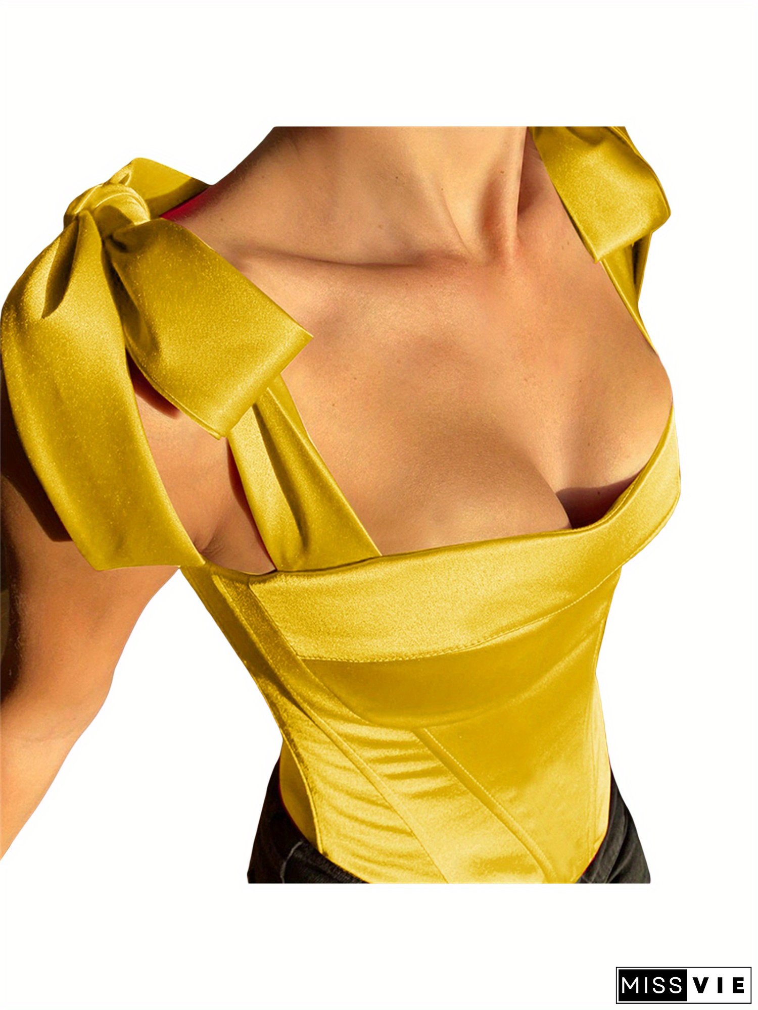 Women's Vintage Retro Boned Corset Top - Off-Shoulder/One-Shoulder Bustier with Bow Tie Strap, Adjustable Lacing & Structured Boning | Solid Color (Yellow/Black/Navy) | All-Season Elegant Shirt-like Blouse for Themed Events, Parties & Casual Attire