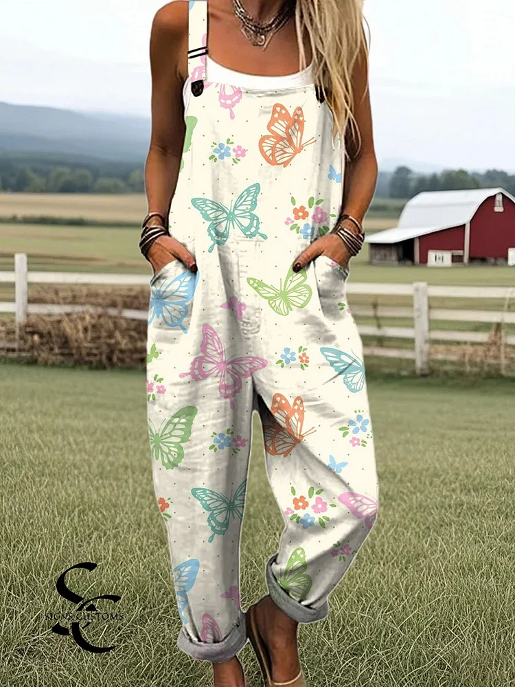 Women's Vintage Butterfly Art Print Casual 100% Cotton Wide Leg Jumpsuit